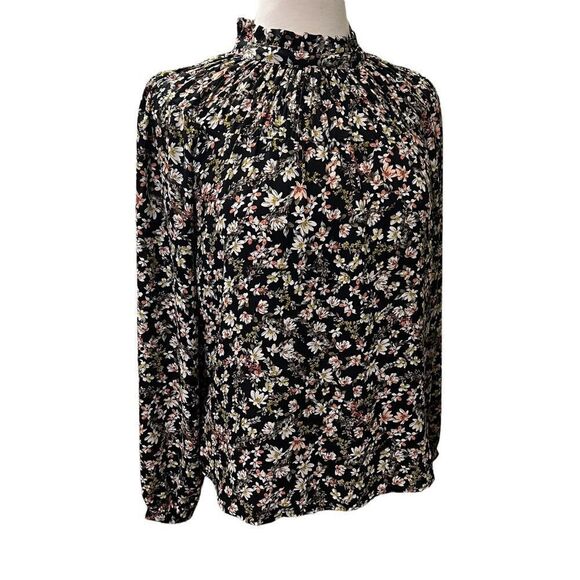 LOFT Loose Fit Black Pink White Floral high Neck Long Sleeve Blouse size XS - Picture 1 of 6
